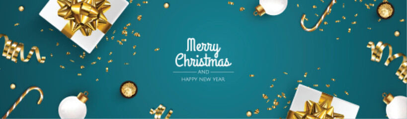 Fototapeta na wymiar Christmas banner. Xmas background design with realistic christmas ball and golden confetti glitter.
