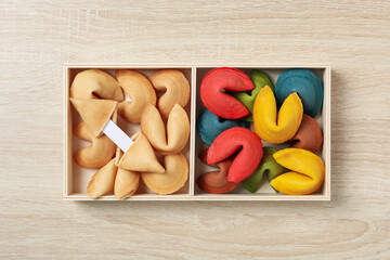 Chinese fortune cookies with prediction words, top view