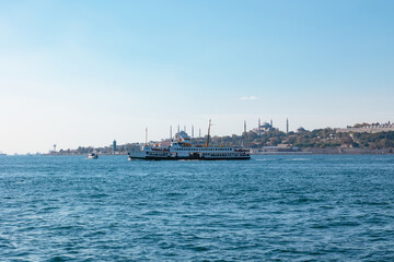 Fototapeta premium Istanbul skyline with famous ferries. Travel to Istanbul backgound photo