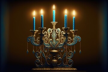 image of jewish holiday Hanukkah background with menorah (traditional candelabra) and burning candles. Generative AI