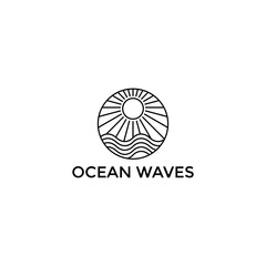 sea ​​wave line art logo vector illustration template design. ocean wave with sun badge icon creative idea design