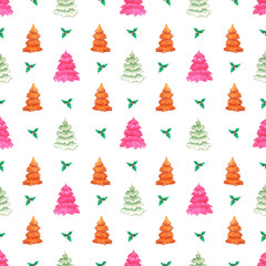 Hand drawn watercolor christmas seamless pattern. Christmass and New Year symbol, decorative element. Scrapbook, textile, fabric, banner, post card.