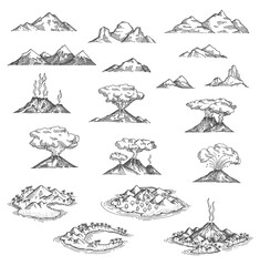 Island mountains and volcano sketch, vector treasure map landscape elements . Volcano lava eruption at sea or ocean beach, sketch etching tropical cove bay with volcanic mountains on island coast - obrazy, fototapety, plakaty