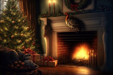 Living room fireplace decorated for Christmas. There are stockings and a turkey in front of the fire. Generative AI