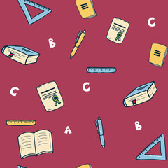 School items seamless pattern on dark background. Back to school