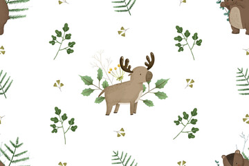 childish seamless pattern with forest animals and branches, leaves, baby design