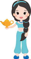 Cute little girl holding a lamp, cartoon comic character vector