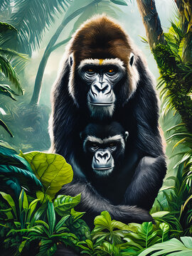 Painting of a gorilla ape in the jungle, Generative AI