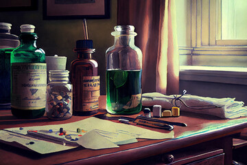 Doctor's workplace, doctor's table, bottles with medicines, prescriptions, generative ai illustration