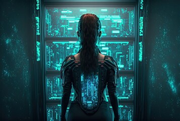illustration of a  female cyborg stand in front of cybermatic panel with light glow, ideal for futuristic health care	
