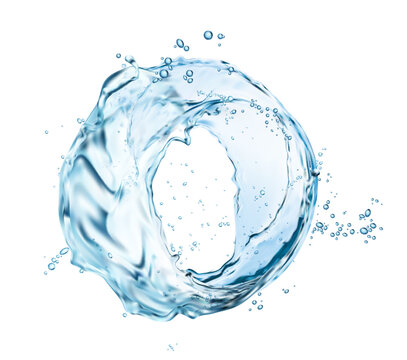 Round water splash. Clean blue liquid realistic whirl fizz, ocean water wave or jet 3d vector droplets. Refreshing beverage, drinking aqua or mineral water isolated round splash frozen motion
