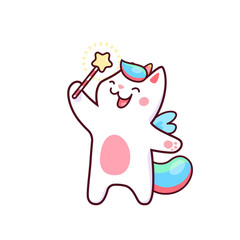 Cartoon cute kawaii caticorn wizard character with magic wand. Cute fairy caticorn personage, funny magic kitten with unicorn horn or fantasy cat creature vector character with rainbow color tail