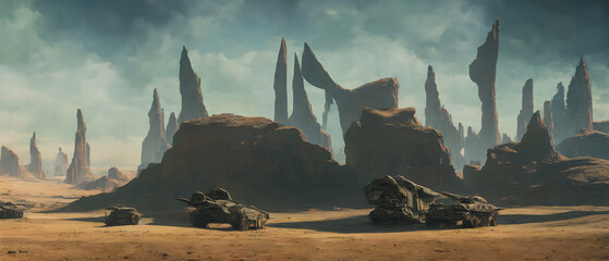 Panoramic view of the sci-fi desert landscape, Mountain landscape. Generative AI