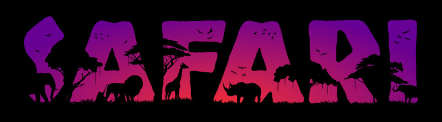 Safari hunting in Africa, animal silhouettes in savannah, vector trees on sunset landscape. African safari hunt background of savanna wild nature with lion, elephant, rhinoceros and giraffe silhouette © Vector Tradition