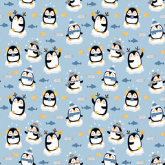 Illustration of a seamless pattern of some penguins with caps and scarves, on some blocks of ice in the sea and fish around