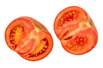 Tomato isolated on white background. Fresh organic vegetables. Cut tomato slices. Clipping Path. Full depth of field. close up