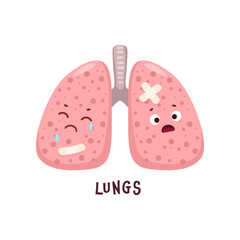 Lungs sick body organ character. Injured and unhealthy organ personage. Human body damage, physiology or medical problem, respiratory system sick and crying lungs organ cartoon personage with patch