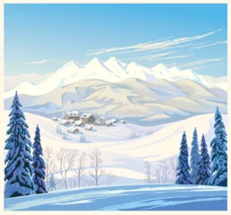 Poster Winter mountain landscape with fir-trees in the foreground with houses - hotel of the ski resort. Vector illustration. © Rustic