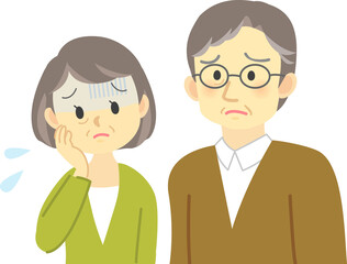 イラスト素材:老夫婦が青ざめ困った表情で思い悩む場面（透過背景）
