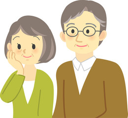 イラスト素材:老夫婦が明るい表情で同じ方向を向く場面　頬に手を当て話を聞く（透過背景）

