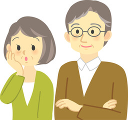 イラスト素材:老夫婦が感心した表情で同じ方向を見る場面　頬に手を当て話を聞く（透過背景）
