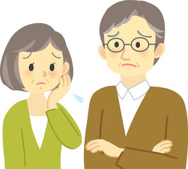 イラスト素材:老夫婦が向かい合って困った表情で思い悩む場面　 腕組みしたおじいさん（透過背景）
