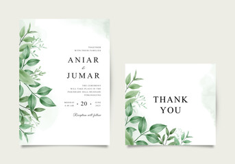 Elegant wedding invitation and thank you card with watercolor green leaves