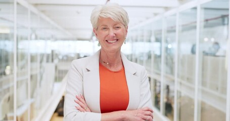 Face, senior woman and leader with arms crossed in modern office, smile and confident for startup company. Denmark, mature lady or female entrepreneur with leadership, happiness and ceo portrait - Powered by Adobe