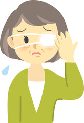 イラスト素材：ケガシリーズ　年配女性が眼帯をつけて痛がっている姿（透過背景）
