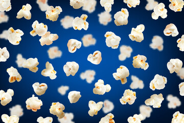 Realistic flying popcorn background. Cinema fluffy dessert 3d backdrop, fast food salty popcorn meal realistic vector cover or background. Takeaway crunchy sweetcorn 3d wallpaper