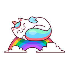 Cartoon cute caticorn character. Vector kawaii unicorn cat sleep on rainbow with white clouds. Funny magic kitty personage with colorful tail, and horn. Happy kitten, fantasy animal