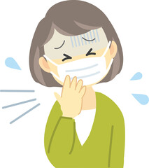 イラスト素材:青ざめた表情の年配の女性が感染症対策でマスクを着用して咳き込む姿（透過背景）
