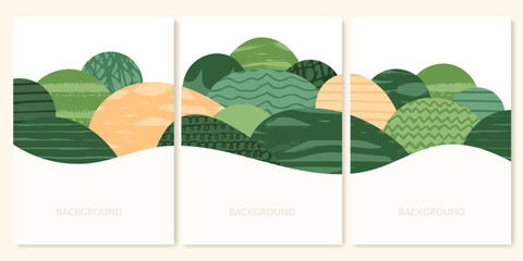 Abstract farm agriculture template. Green field pattern, eco background, nature landscape vector illustration with texture. Farmland collage for leaflet, identity, booklet. Ecology backdrop, card