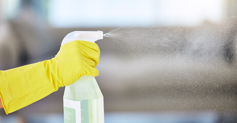 Cleaning, housekeeping and hands with detergent from spray bottle for disinfection, bacteria and...