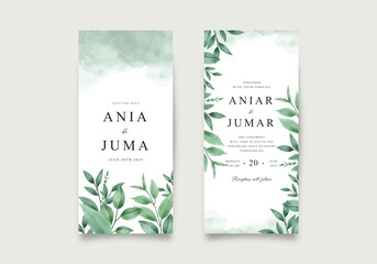 Wedding invitation card with green leaves and watercolor splashes