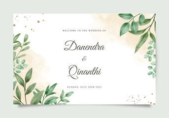 Wedding welcome sign with beautiful watercolor green leaves