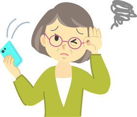 イラスト素材：眼鏡を掛けたおばあさんが携帯電話が老眼で見えづらくなって困った表情をする場面　老眼鏡（透過背景）

