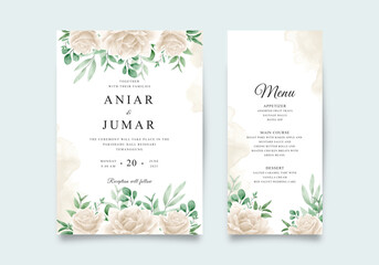 White roses and watercolor green leaves set for wedding invitation and wedding menu