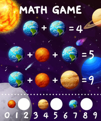 Math game. Cartoon space planets and stars. Children math game, mathematical playing activity or addition task puzzle vector worksheet with Solar system Earth, Mars and Jupiter, Neptune cartoon planet