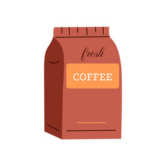 Paper bag full of coffee isolated on white background. Fresh coffee package. Flat vector illustration