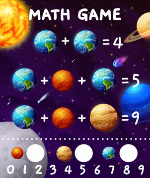 Math game. Cartoon space planets and stars. Children math game, mathematical playing activity or addition task puzzle vector worksheet with Solar system Earth, Mars and Jupiter, Neptune cartoon planet © Vector Tradition