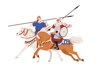 Arab horse warriors. Historical military horsemen riding horseback, armoured with spears. History fighters, Muslim Arabian riders. Flat graphic vector illustrations isolated on white background