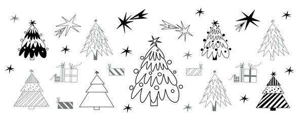 Christmas tree in doodle style. Set of New Year trees in a line style. Gifts, holiday decor and stars in vector.
