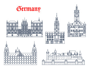 Fototapeta premium Germany architecture of Altenburg, Gera, Coburg and Aschaffenburg, vector buildings. German landmarks of Thuringia and Bavaria, Rathaus town hall, Veste Fortress, Ehrenburg and Johannisburg castle
