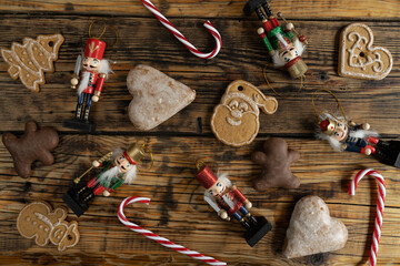 Gingerbread cookies, Christmas ornaments, candy canes, nutcracker pendant decorations. Xmas Holiday...