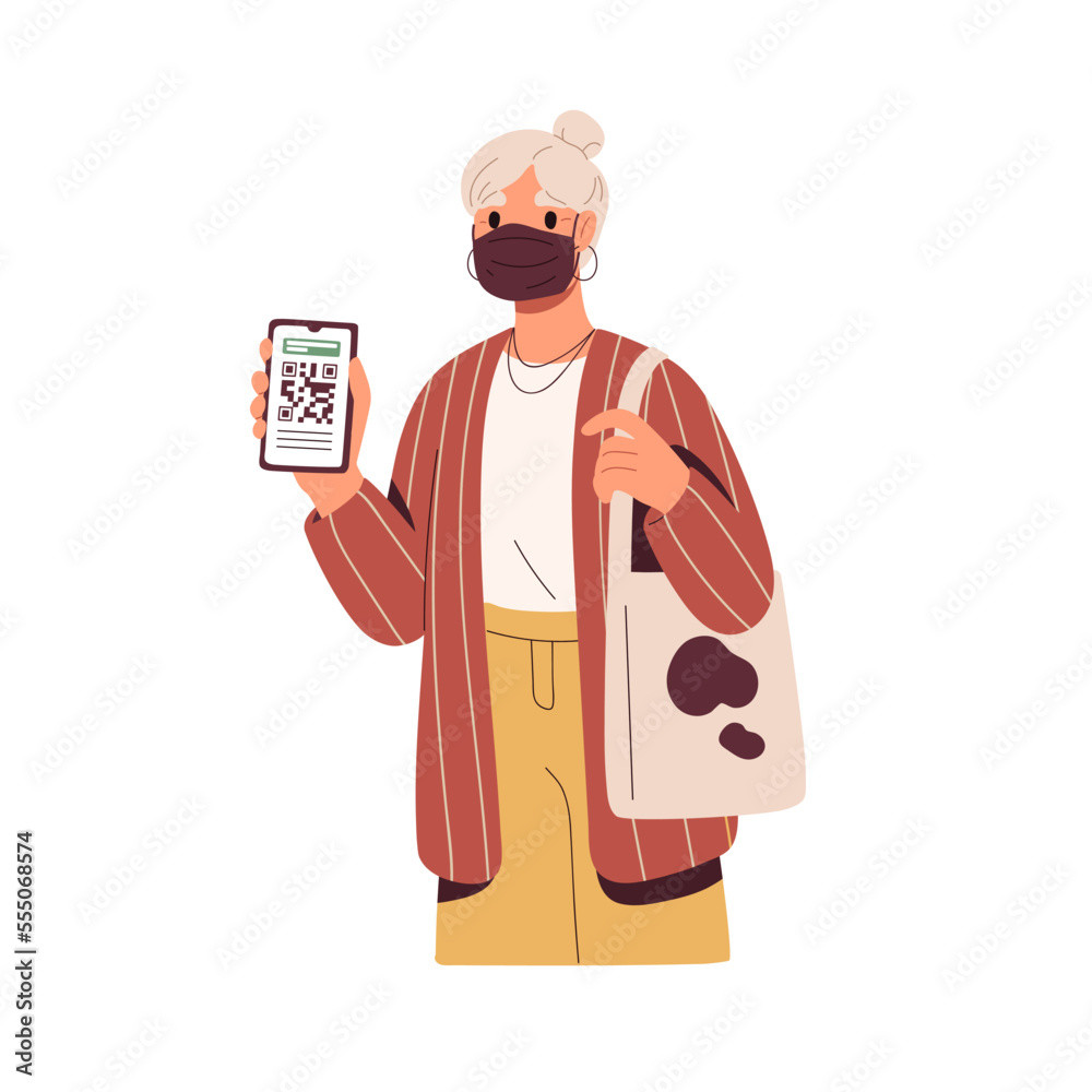 Poster covid vaccine, qr-code, digital certificate in phone app of elderly woman. senior lady showing smart