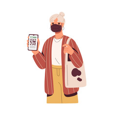 Covid vaccine, QR-code, digital certificate in phone app of elderly woman. Senior lady showing smartphone with valid corona virus document. Flat vector illustration isolated on white background