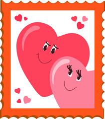 Valentine's Day. Love stamp with two red hearts in love looking at each other.