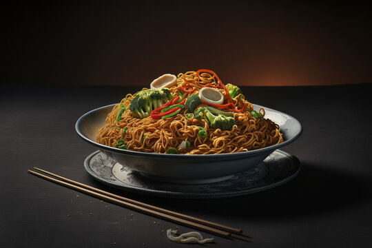 Chow Mein, chinese cuisine popular dish. AI
