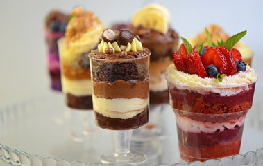 Homemade desserts in glass jars. Traditional unbaked Italian dessert on a white background. Cake with coffee, berries, fruits and mascarpone cream.